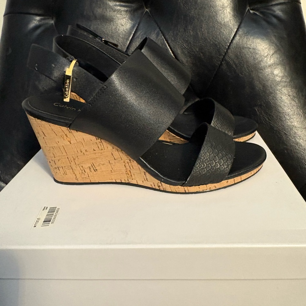 Calvin Klein Black Wedge Sandals with Crisscross Straps